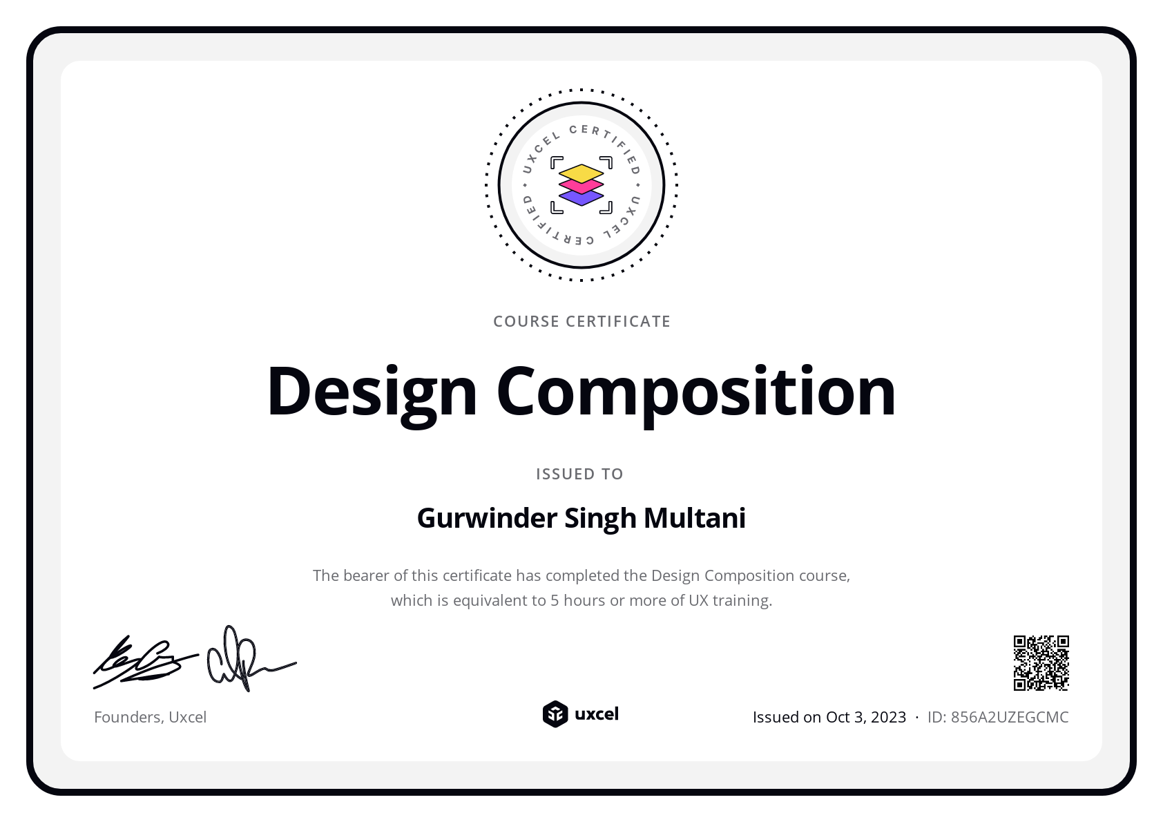 Gurwinder Singh Multani's certificate